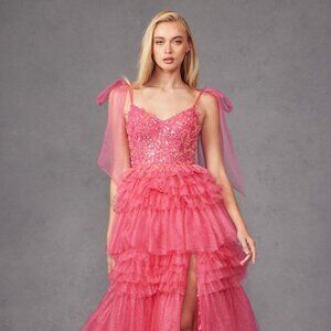 NEW LONG FORMAL SLEEVLESS EVENING GOWN WITH RUFFLED SKIRT & LACE UP BACK JT2465A